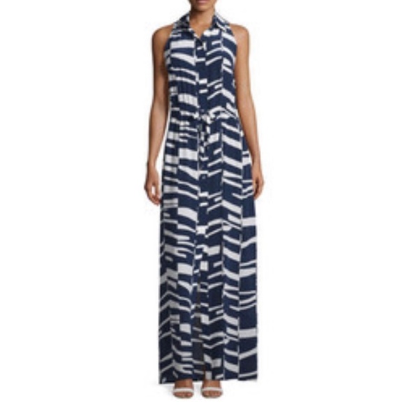 Trina Turk 100% silk indigo white geometric print button down maxi shirt dress - Picture 1 of 11